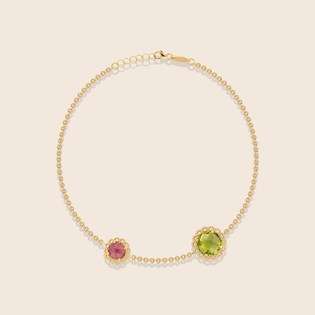 09 Chiara yellow gold two motive bracelet with peridot and amethyst - Image 1