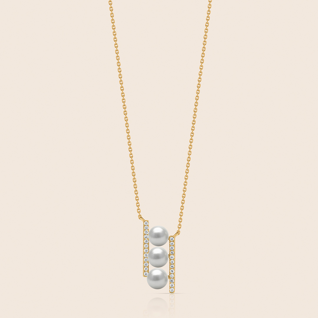 184 lavita yellow gold diamond vertical pendant with three stacked pearls - Image 1