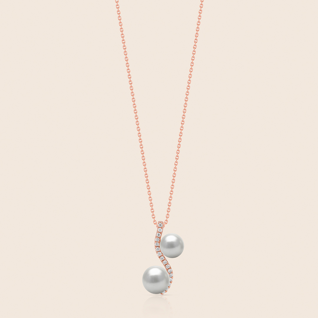 185 lavita rose gold diamond wave pendant with twin pearls - Image 1