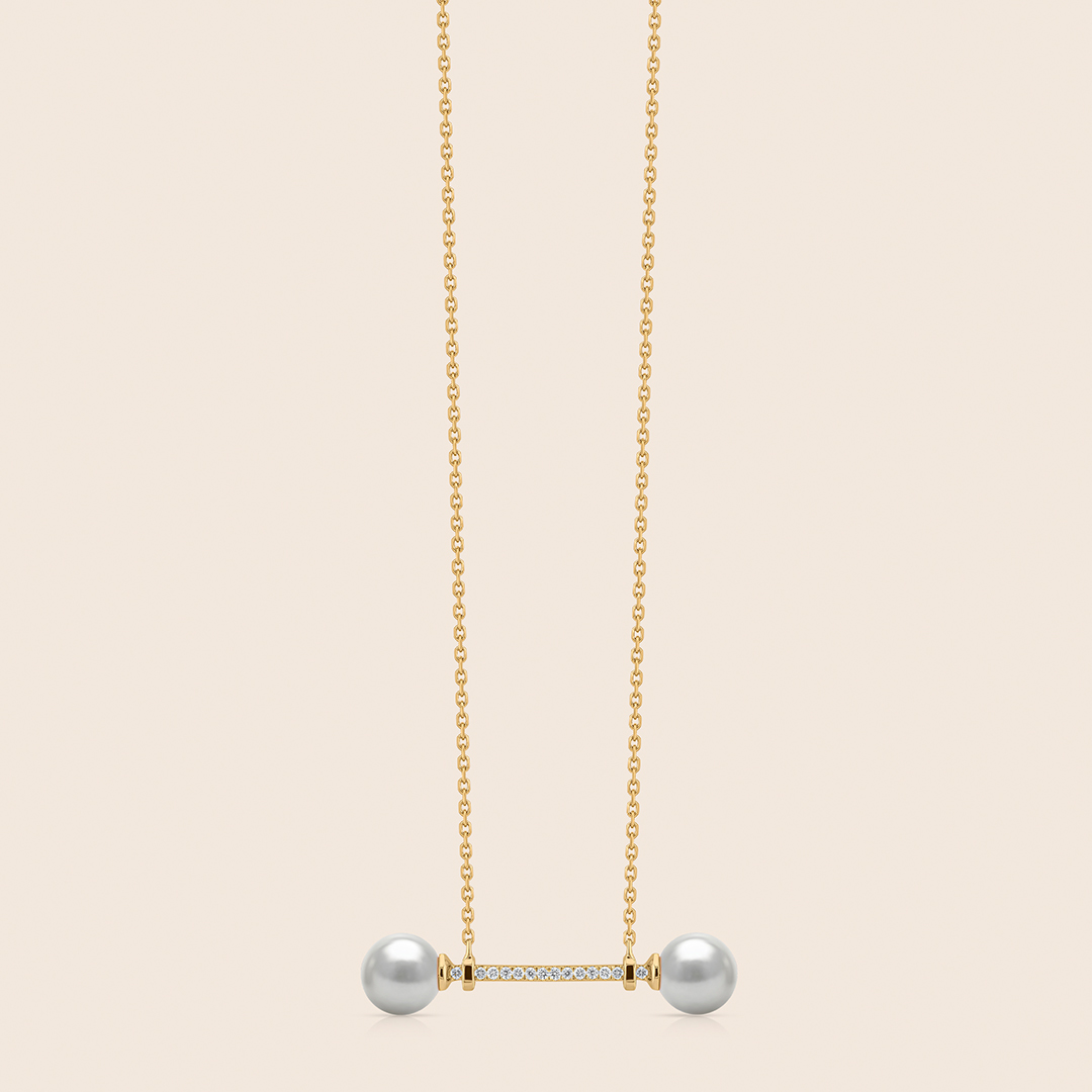 187 lavita yellow gold diamond balance bar pendant with twin pearls - Image 1