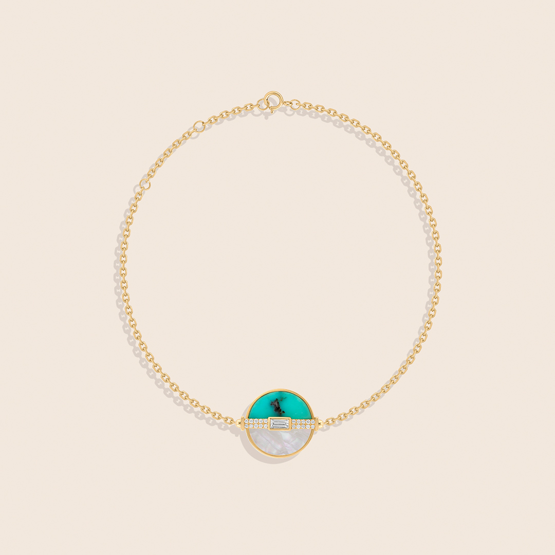 24 novelty yellow gold diamond bracelet with mop and turquoise - Image 1