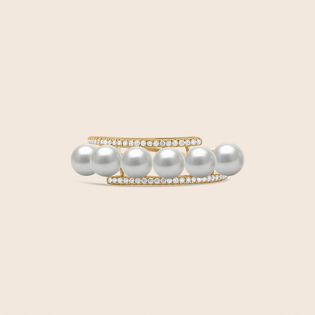 269 lavita yellow gold diamond vertical ring with three stacked pearls - Image 1